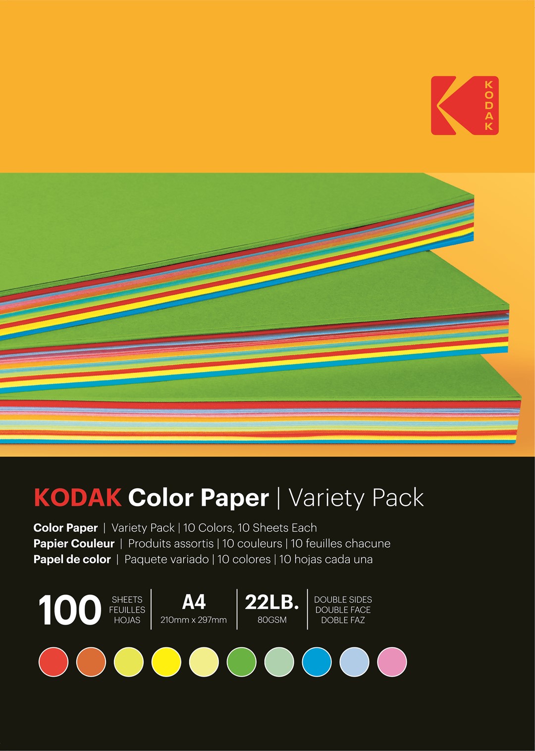 Color copy paper Kodak 80 g/m2/ A4 / 21x29,7cm / 100 pcs / 10 colors assorted / 891300